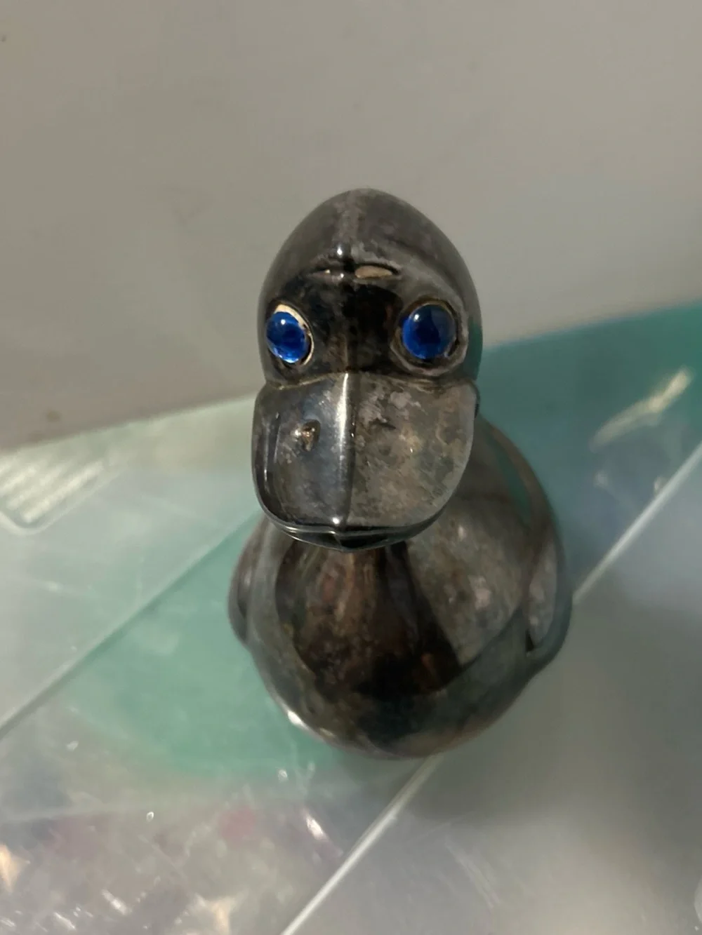 Silver Duck Coin Bank with Blue Accent Eyes